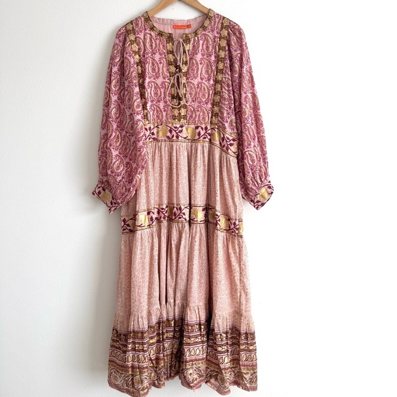 Oliphant Tie Front Balloon Sleeve Bohemian Pink Maxi Dress XL - Picture 2 of 12